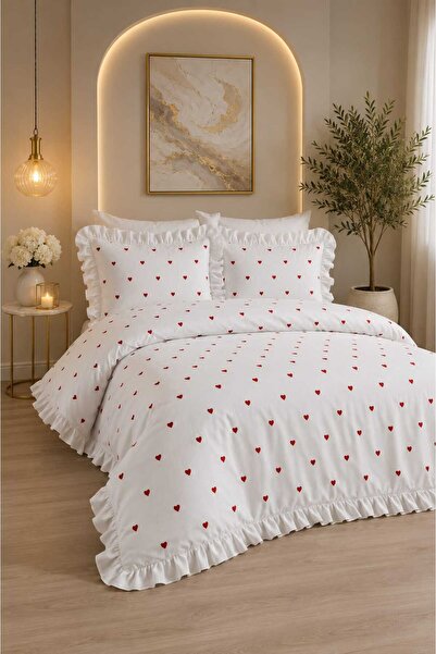 İK TEKSTİL Amor Serpme Heart Embroidered 6 Piece 100% Cotton Double Dowry Bed...