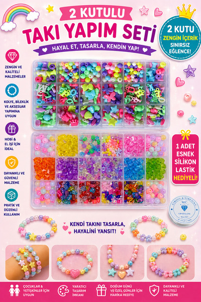 By MO Accessories Mega 2'li Kutuda Takı Yapma Seti Boncuk Hobi Seti Rengarenk...