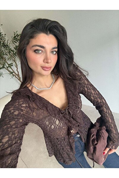Bade Butik Bitter Brown Ruffled Spanish Sleeve Lace Blouse
