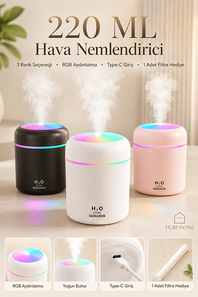 Tilbe Home 220ml Hava Nemlendirici Ultrasonik Ledli USB Buhar Makinesi ve Kok...