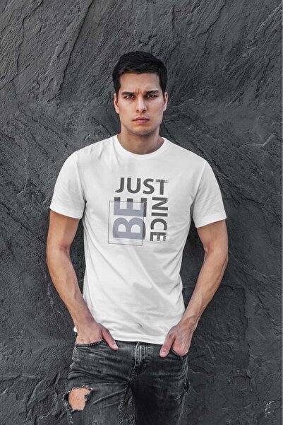 buzagi tasarım ürünleri Just Be Nice Digital Print Regular Fit White Unisex T...