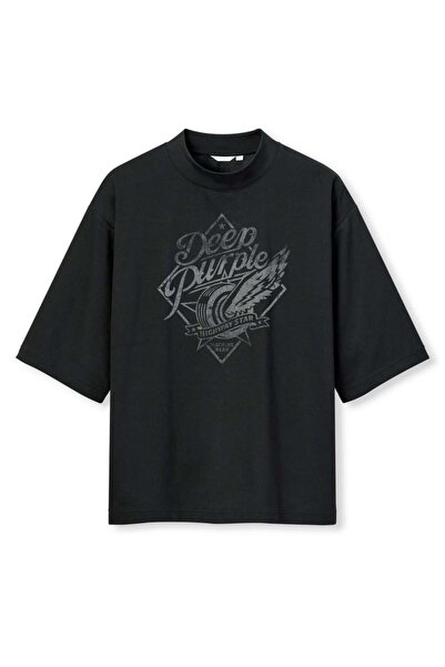 buzagi tasarım ürünleri Deep Purple Digital Print Oversize Black Unisex T-Shirt