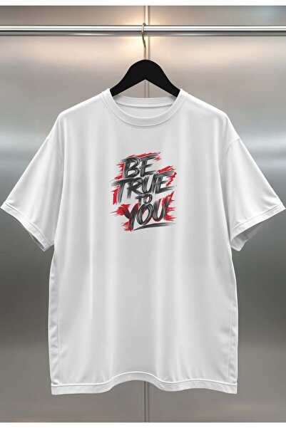 buzagi tasarım ürünleri Be True Digital Print Oversize White Unisex T-Shirt