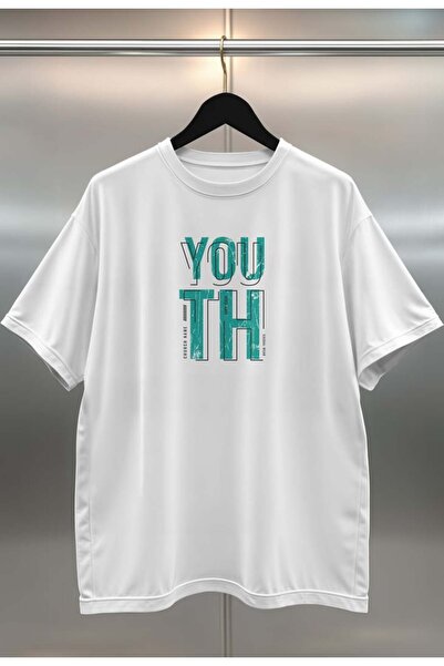 buzagi Youth Digital Print Oversize Unisex White T-Shirt
