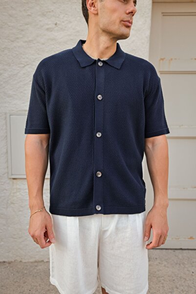 no7man Osean Navy Blue Knitwear Short Sleeve Men's Shirt