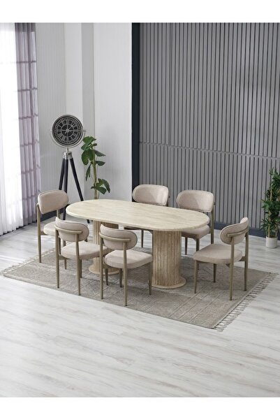 JoyMassa AURA BOHEM MASA TAKIMI 90X170 MDF TRAVERTEN MASA VE 6 ADET POLO SAND...