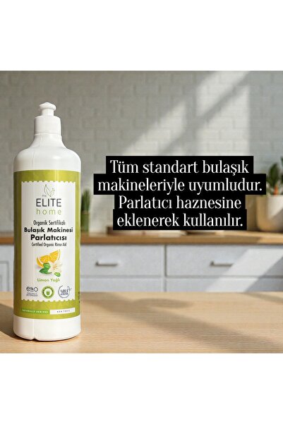 The Elite Home Organik Sertifikalı Bulaşık Makinesi Parlatıcısı – Limon Yağlı – İz Bırakmayan Konsantre Formül – 750 ml
