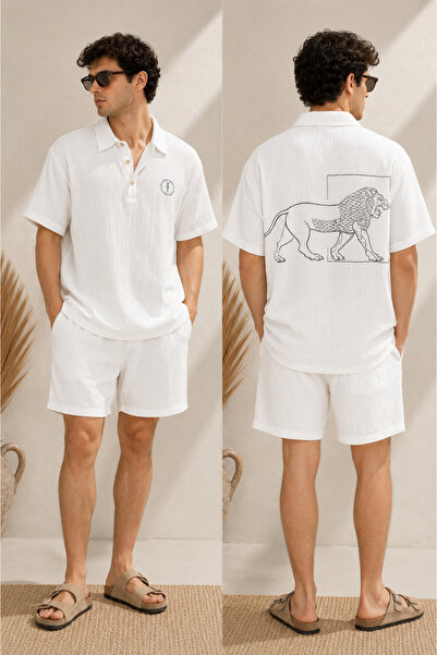 ARİNNASİDE Müslin Unisex Polo Yaka Kısa Kollu Arka Aslan Baskılı Beyaz Gömlek