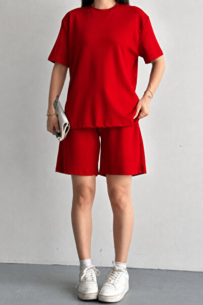 Mogi Butik Women's Modal Fabric Shorts Relaxed Cut Casual Two-Piece Set Red 3202