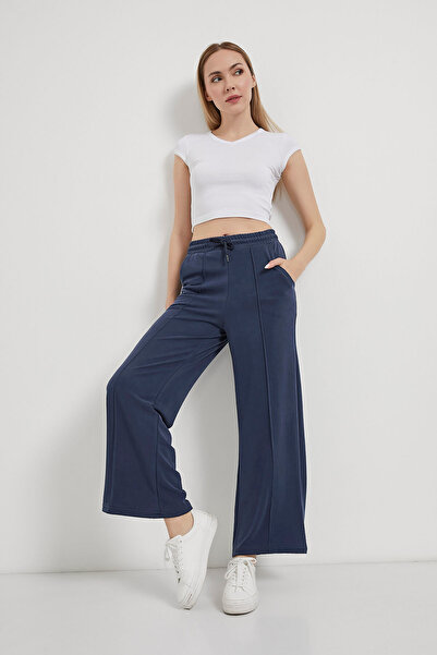 Arma Life Women's Elastic Waist Wide Leg Baggy Navy Trousers