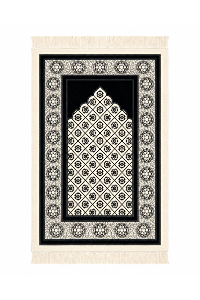 Keremzade Siyah & Beyaz Makine Dokuma Kadife Kalın Seccade Namazlık 70x110 cm