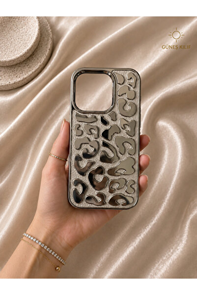 GÜNEŞ KILIF VE AKSESUAR iPhone 13 / 14 Uyumlu Kabartmalı Gri Leopar Desenli D...