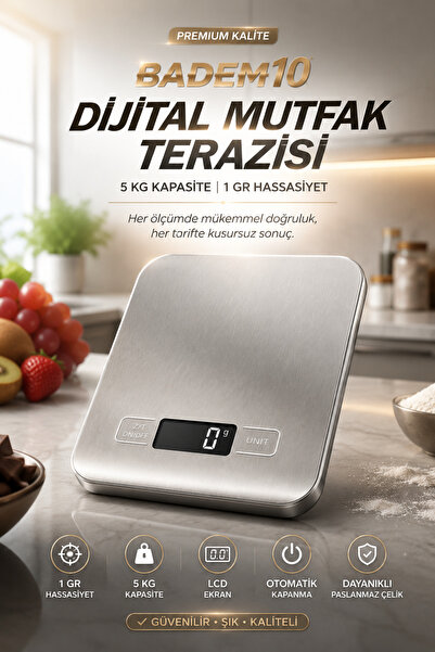 Badem10 Dijital Mutfak Terazisi 5 Kg Kapasiteli 1 Gr Hassasiyetli Pilli Pasla...