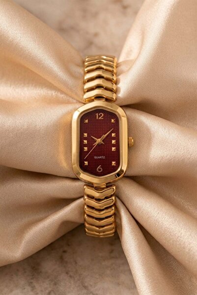 İnogge Shimal Kadın Çelik Saat Gold Renk & Bordo Kadran İtalyan Kordon Detayl...