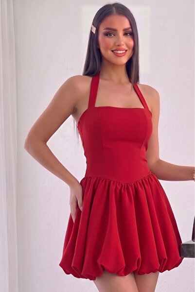 ALFUDO Moda Collection Kadın Abiye Fırfır Etekli Boyundan Askılı Mini Elbise ...