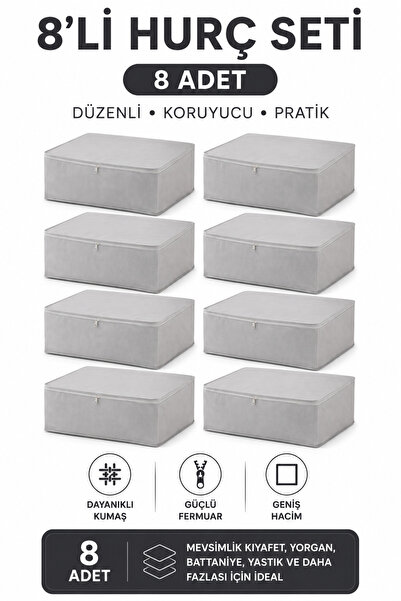 Soft Kare 8'li Büyük Boy Baza Altı Hurç Seti Fermuarlı Kumaş Saklama Hurcu Yo...