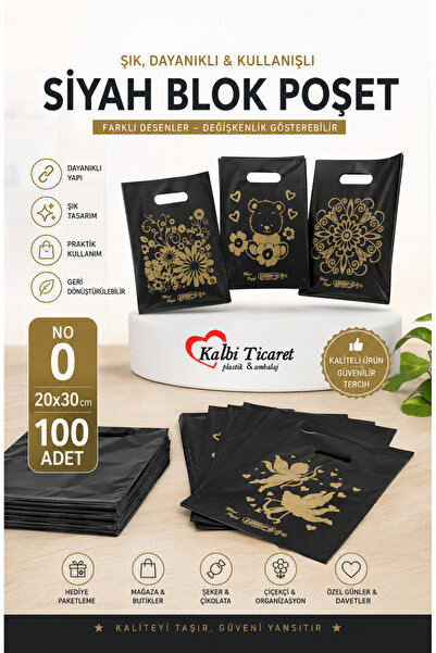 Kalbi Ticaret Siyah Poşet 100'lü No 0 Takviyeli Poşet 20x30 cm El Geçme Baskı...
