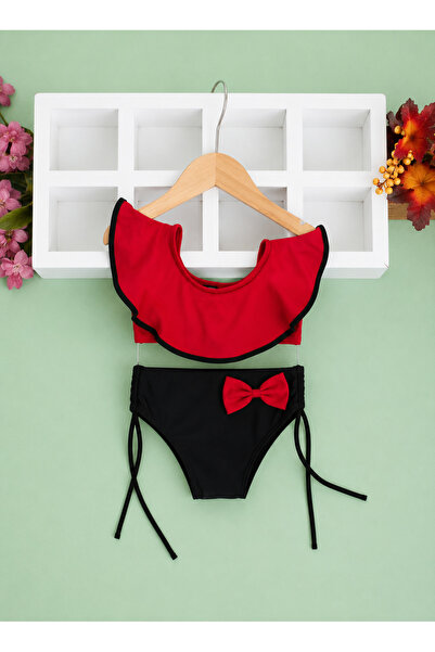 İray Set bikini pentru fete, portocaliu și negru, cu guler cu volane – Costum...