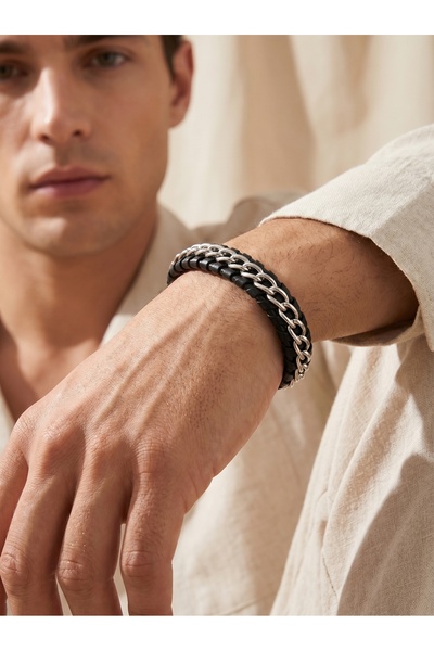 Parmas Design Double Chain Steel and Leather Detailed Men's Masculine Premium...