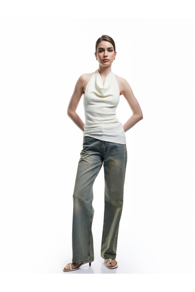 Koton Pantaloni din denim din bumbac cu nasturi, cu talie obișnuită, cu picio...