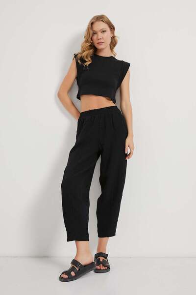 Arma Life Women's Balloon Fit Loose Black Muslin Elasticated Trousers