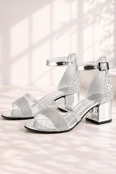 Sarıkaya Pantofi de seară pentru fete cu bretele cu toc gros Anna Silver Glitter