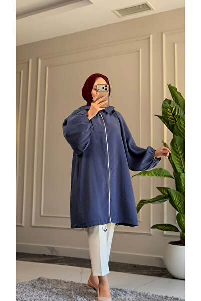 Suede Style 6349 - قبعة طويلة أنيقة ومريحة بجيب بسحاب وأكمام بالون وياقة على ...