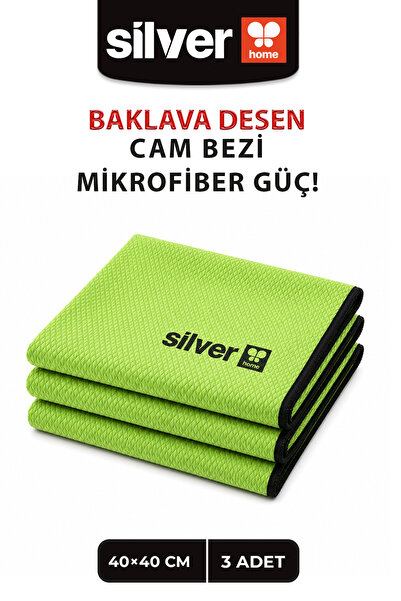 SİLVER HOME 3-Piece Microfiber Glass Cloth 40X40 cm Diamond Pattern Green Han...