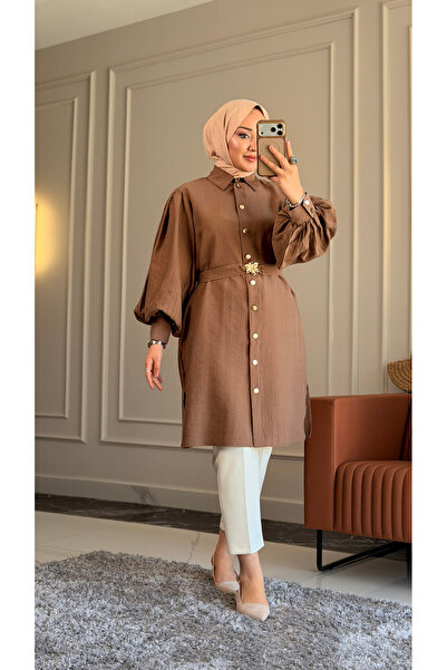 Suede Style 6423 - Comfortable Zippered Buttoned Viva Balloon Sleeve Long Tun...