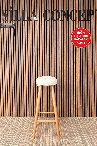 silla Bar Tabure Teddy Krem Kumaş Naturel Ahşap Ada Taburesi