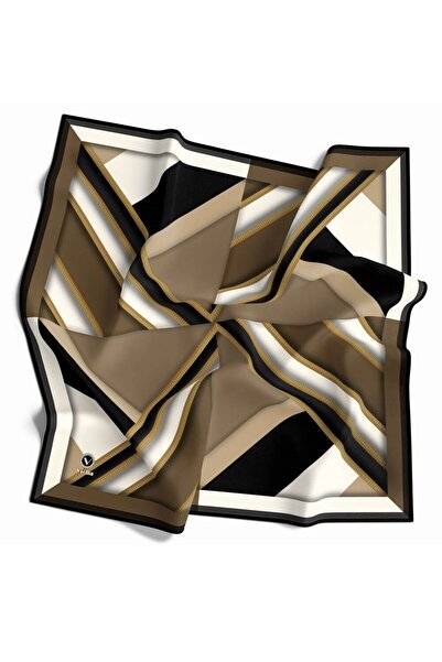 VİOLLA Twill Geometrik Desenli Bej Renkli 90x90 Eşarp (İpek İçermez) Dikim Şe...