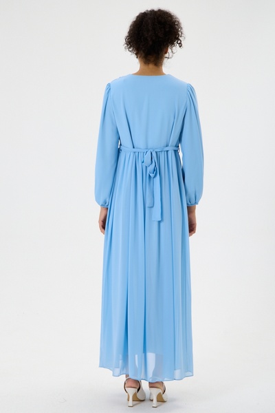 KATLİN MATERNİTY WEAR Maternity Lined Chiffon Dress with Stone Belt Detail at the Waist (Baby Blue)