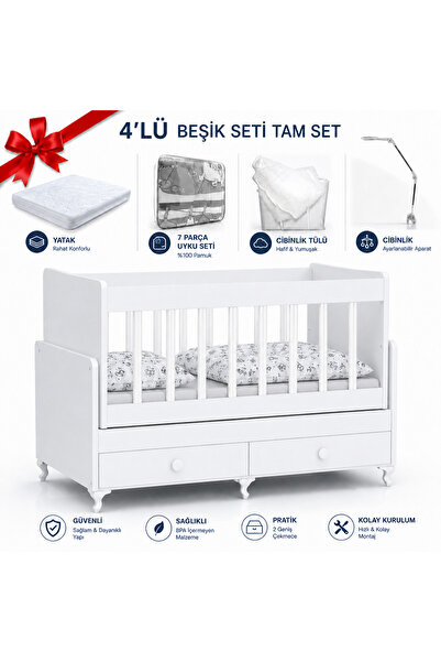 Bygolden Yatak,Uyku Seti ve Tül seti hediyeli tam set çekmeceli sallanır bebe...