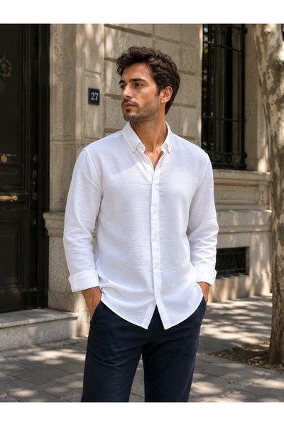 EMPEROR APPAREL Erkek Beyaz Uzun Kollu Pera Keten Görünümlü Gömlek