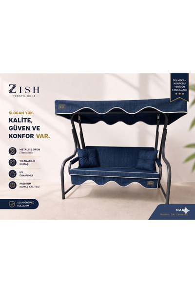 zishtekstil Keten Kumaş Süngerli Gölgelikli 2 Kişilik Salıncak Minderi 8 cm