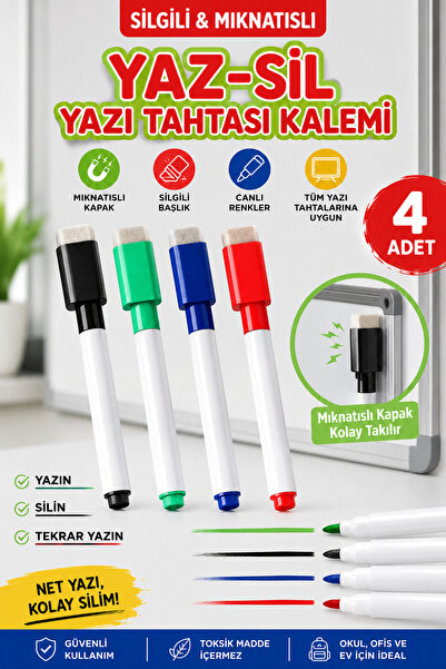 Dünya Magnet 4 Adet - Renkli Yaz-sil Yazı Tahtası Kalemi, Silgili Mıknatıslı ...