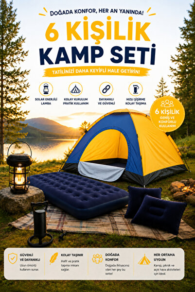 post alley 6 Kişilik Kolay Kurulumlu Kamp Çadırı + Çift Kişilik Şişme Yatak S...