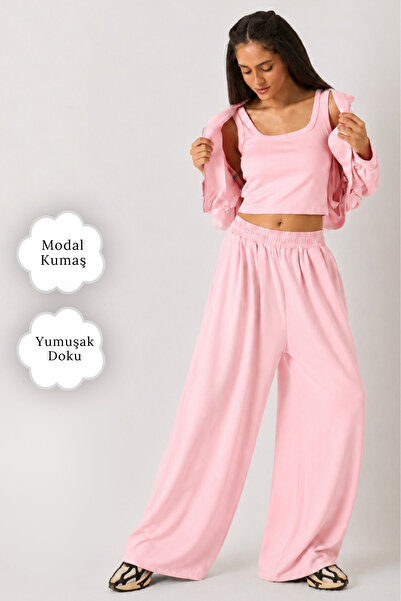 The Champ Clothing Set modal din 3 piese pentru femei Livora Pink – Maiou scu...