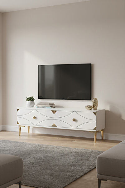 cnyr TSA1297BG - ALFA TSA120 TV STAND, TV SEHPASI, TV ÜNİTESİ BEYAZ - GOLD 120CM