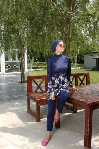 Starinci Mayo Starinci Likra Tam Kapalı Mayo Lacivert Alt Detay Çiçek Desenli