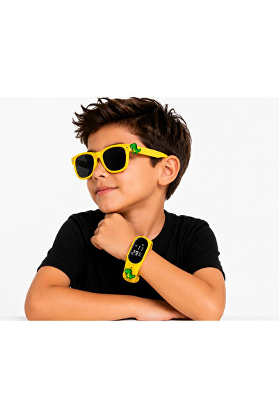 Rodium Children's Wristwatch Led Watch and Glasses Set with Yellow Dinosaur E...