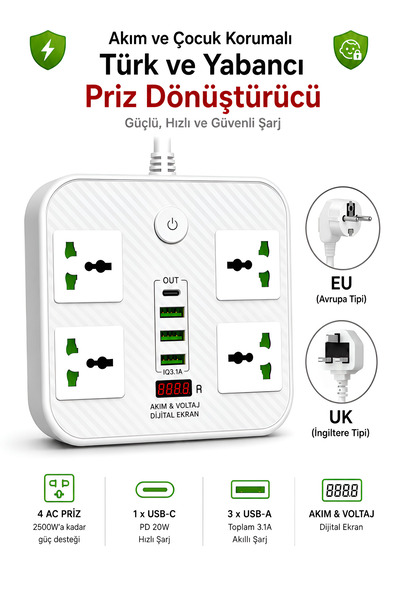 Dexmon 8in1 Priz Dönüştürücü 3000W Süper Hızlı Şarj İngiliz - Türk Priz Usb P...