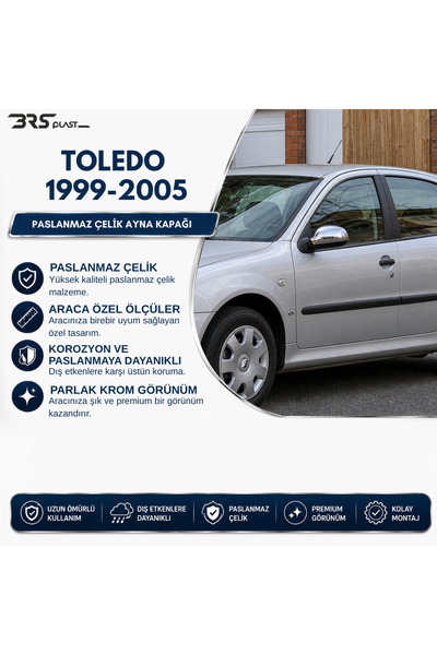 BRSPLAST Seat Toledo Uyumlu 1999-2005 Krom Ayna Kapağı 2 Parça Paslanmaz Çelik