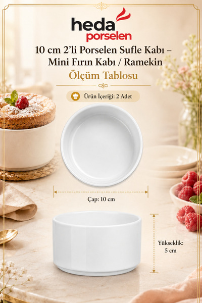 Heda Porselen 10 cm 2-Piece Porcelain Soufflé Bowl – Mini Oven Dish / Ramekin