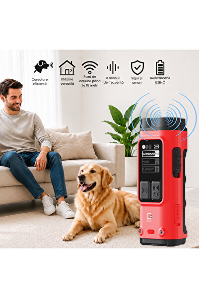 FAMIFY Dispozitiv anti-lătrat pentru câini FAMIFY, Dresaj cu ultrasunete fără șocuri, Rază de acțiune 15m, USB-C, Roșu