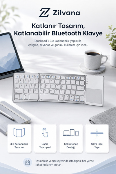 Zilvana Touchpad'li 3'e Katlanabilir Bluetooth Klavye - Çoklu Cihaz Destekli ...