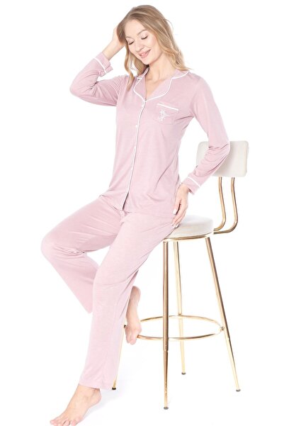 FLZ Boydan Düğmeli Uzun Kol Pijama Takımı Rahat Örme Kumaş Ev Giyim 89-122