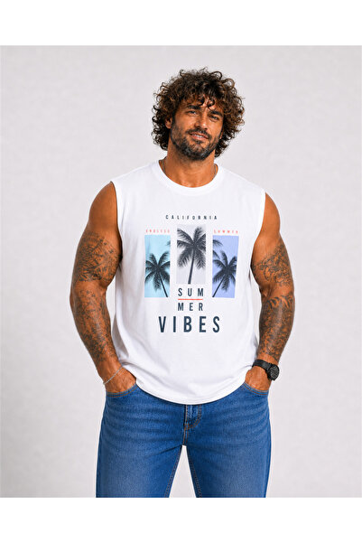 Starbattal Plus Size Printed Sleeveless T-Shirt Summer Vibes 26125 White