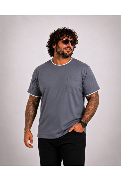 Starbattal Men's Large Size Crew Neck T-Shirt with Pockets 26143 Fume