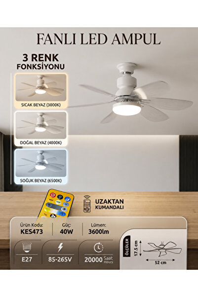 K2 GLOBAL Tavan Vantilatörü Kumandalı 52 CM LED Işıklı 6 Kanat Sessiz Tavan F...